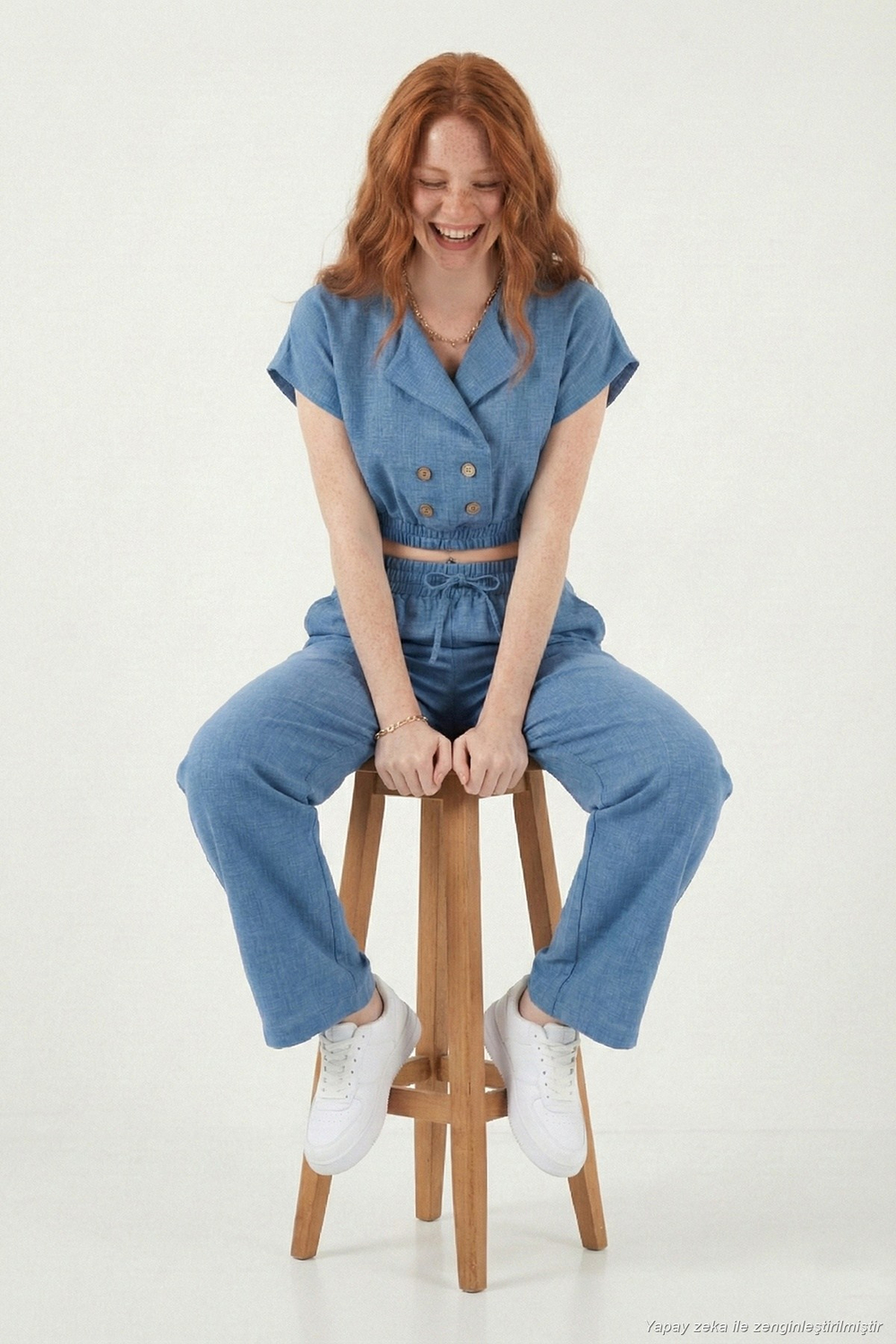 Regular Fit Kruvaze Yaka Düğme Detaylı Crop Kadın Takım 5866446 MAVİ