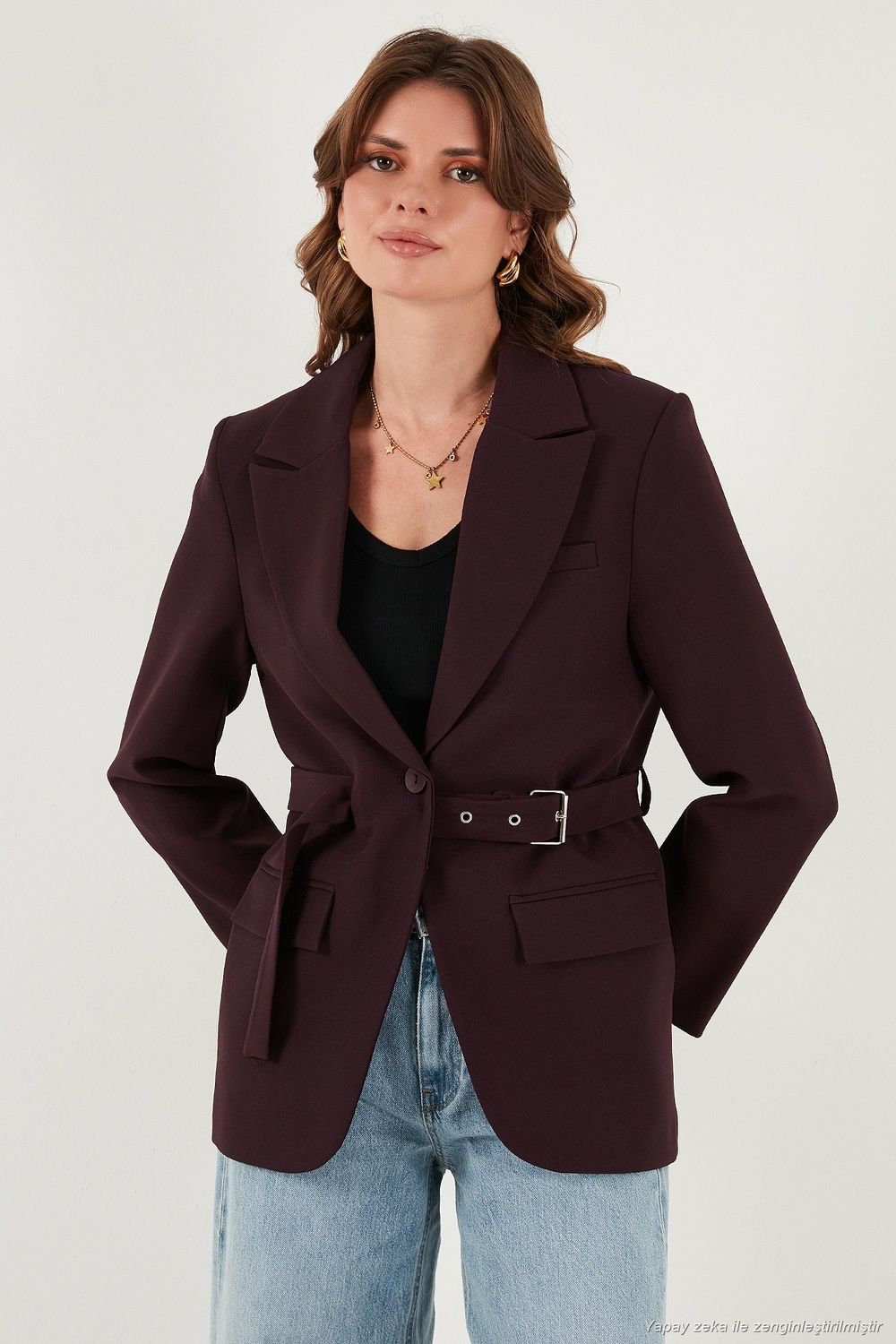 Regular Fit Kruvaze Yaka Kemerli Blazer Kadın Ceket 6839367 MÜRDÜM