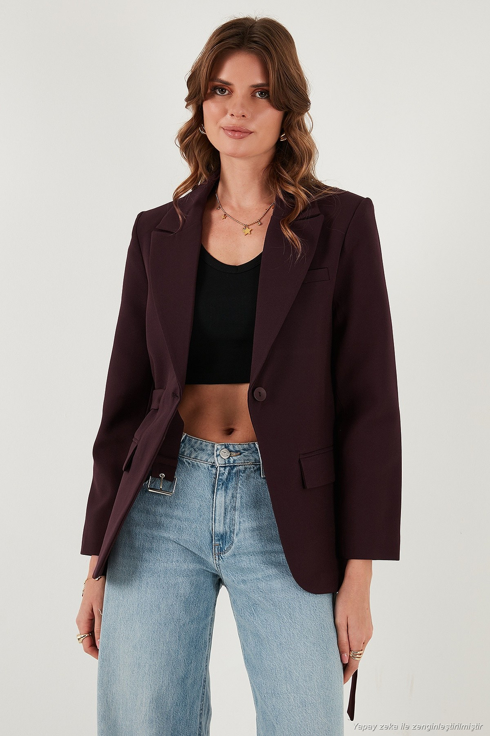 Regular Fit Kruvaze Yaka Kemerli Blazer Kadın Ceket 6839367 MÜRDÜM