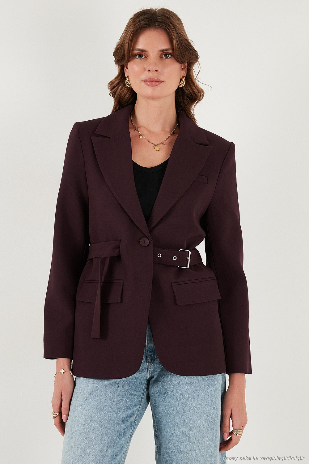 Regular Fit Kruvaze Yaka Kemerli Blazer Kadın Ceket 6839367 MÜRDÜM