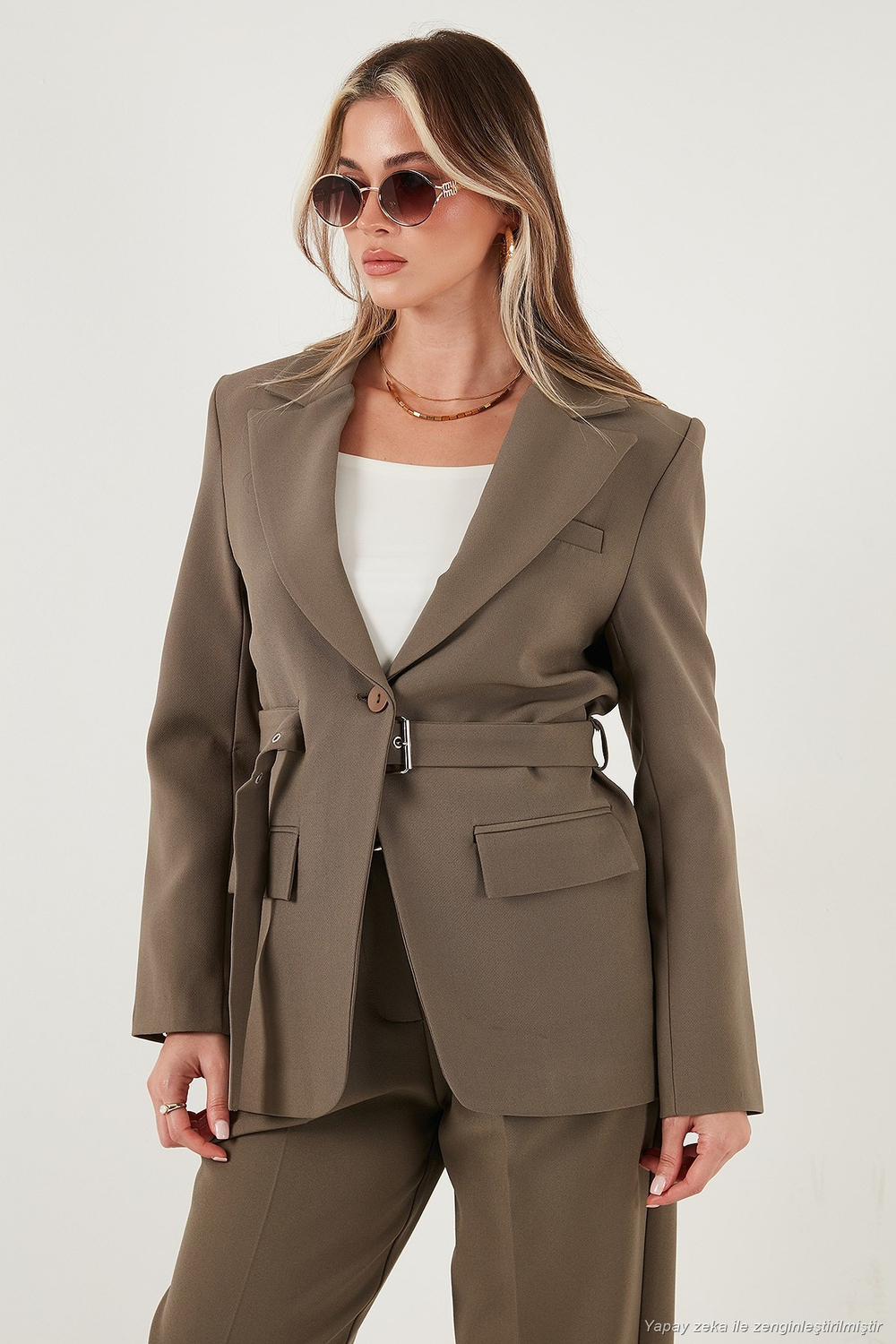 Regular Fit Kruvaze Yaka Kemerli Blazer Kadın Ceket 6839367 HAKİ