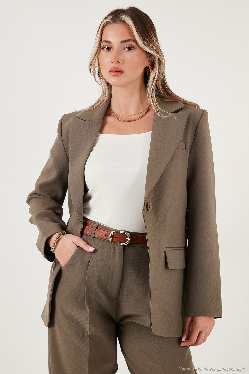 Regular Fit Kruvaze Yaka Kemerli Blazer Kadın Ceket 6839367 HAKİ