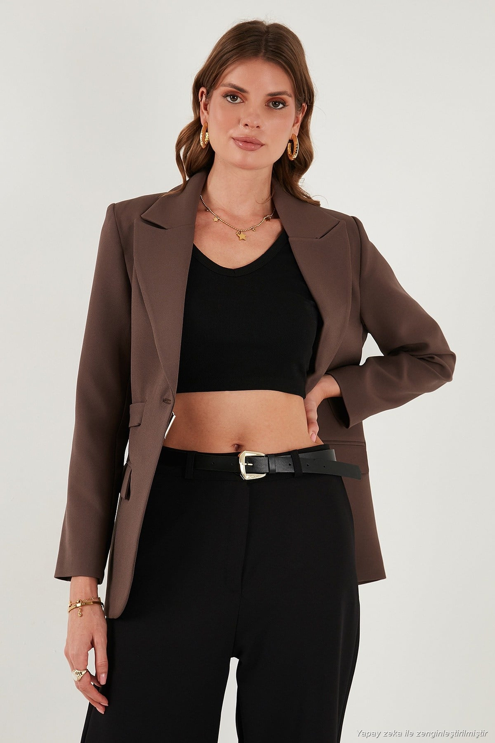 Regular Fit Kruvaze Yaka Kemerli Blazer Kadın Ceket 6839367 KAHVE