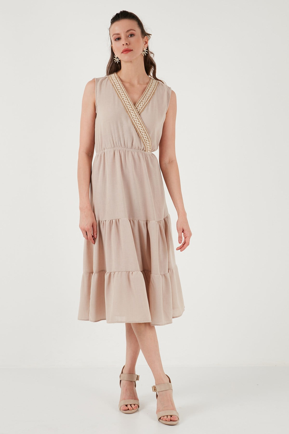 Regular Fit Kruvaze Yaka Midi Kadın Elbise 6118103 TAŞ