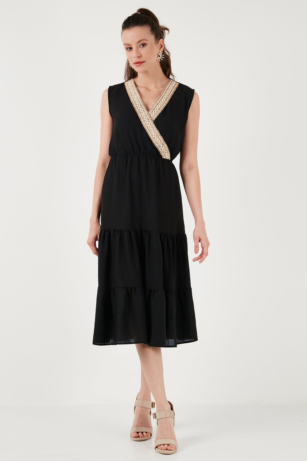 Regular Fit Kruvaze Yaka Midi Kadın Elbise 6118103 SİYAH