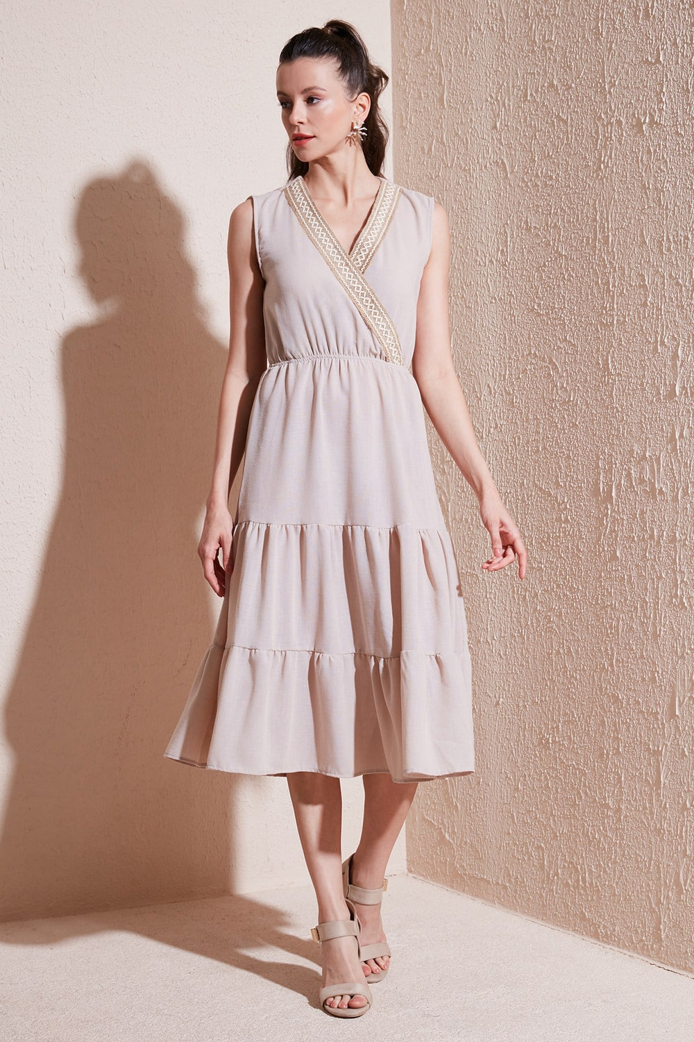 Regular Fit Kruvaze Yaka Midi Kadın Elbise 6118103 TAŞ
