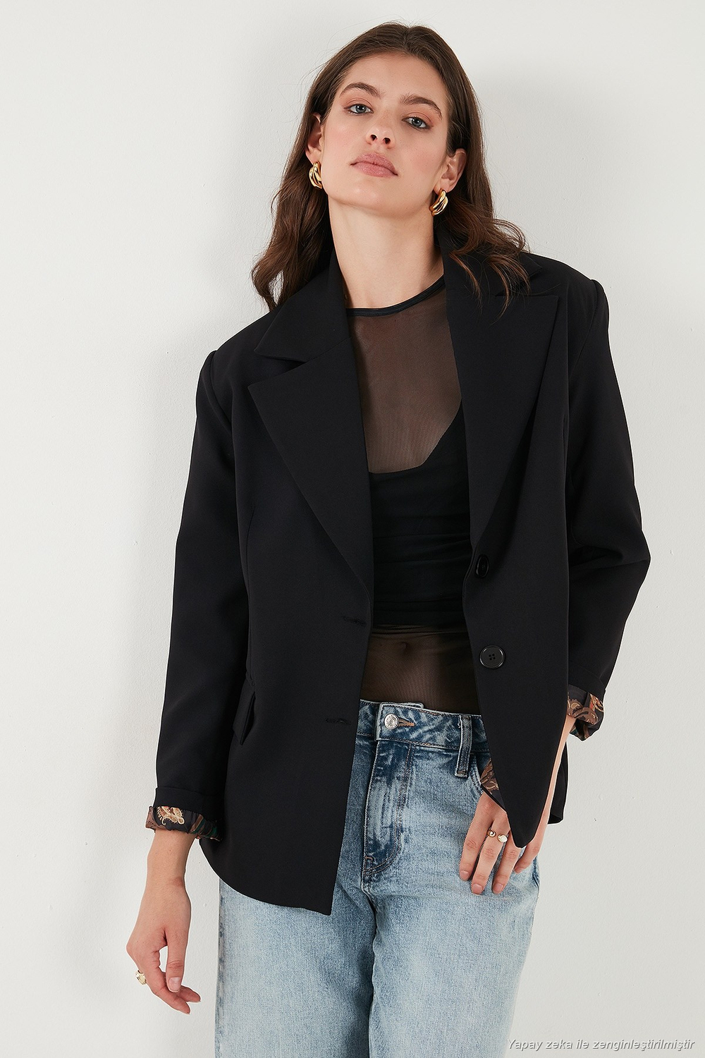 Regular Fit Mono Yaka Desenli Astar Detaylı Blazer Kadın Ceket 6524430 SİYAH