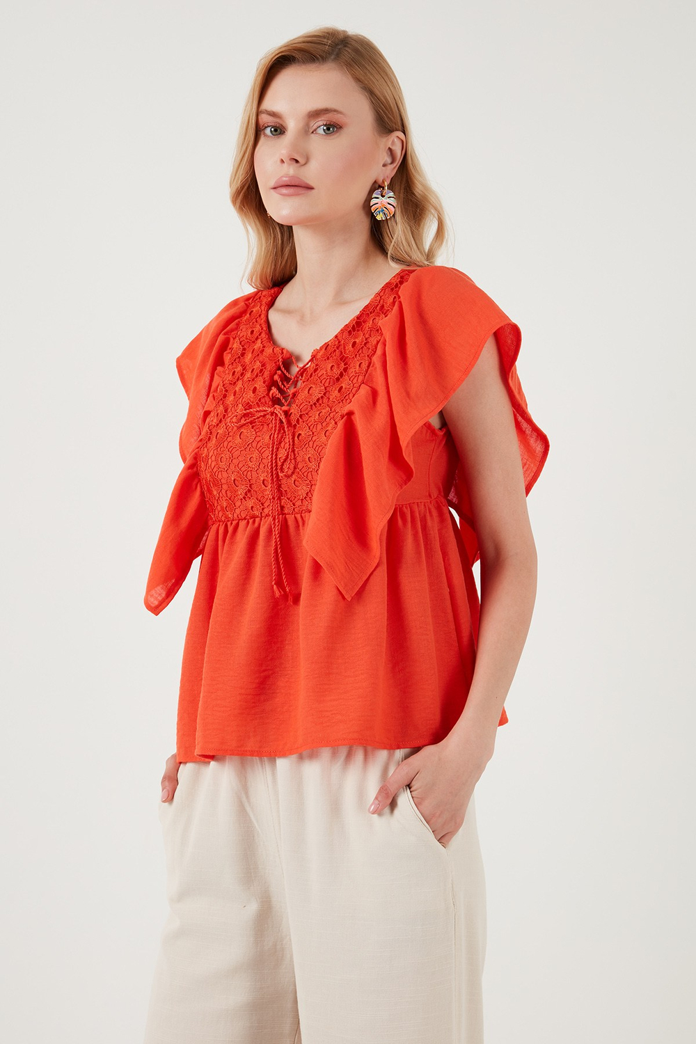 Regular Fit Önden Bağlamalı Volanlı Kadın Bluz 611FB20064 ORANJ