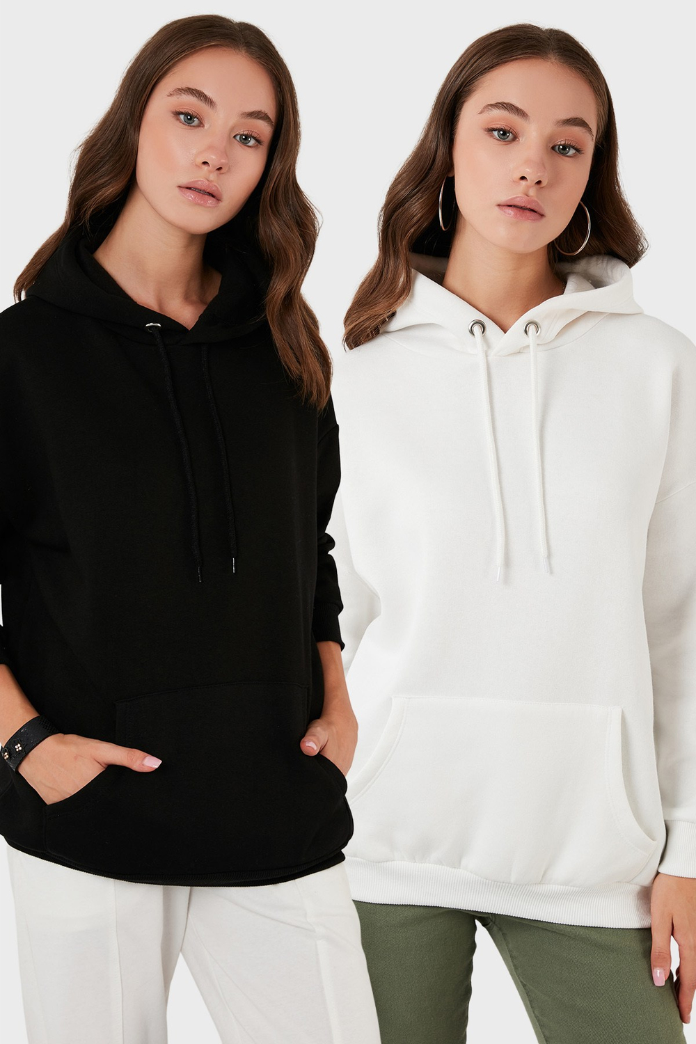 Regular Fit Pamuklu Kapüşonlu Yaka Şardonlu Kışlık 2li Paket Kadın Sweat 5863854S2 EKRU-SİYAH