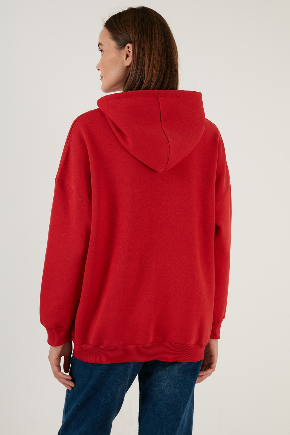 Regular Fit Pamuklu Kapüşonlu Yaka Şardonlu Kışlık Kadın Sweat 5863854 KIRMIZI