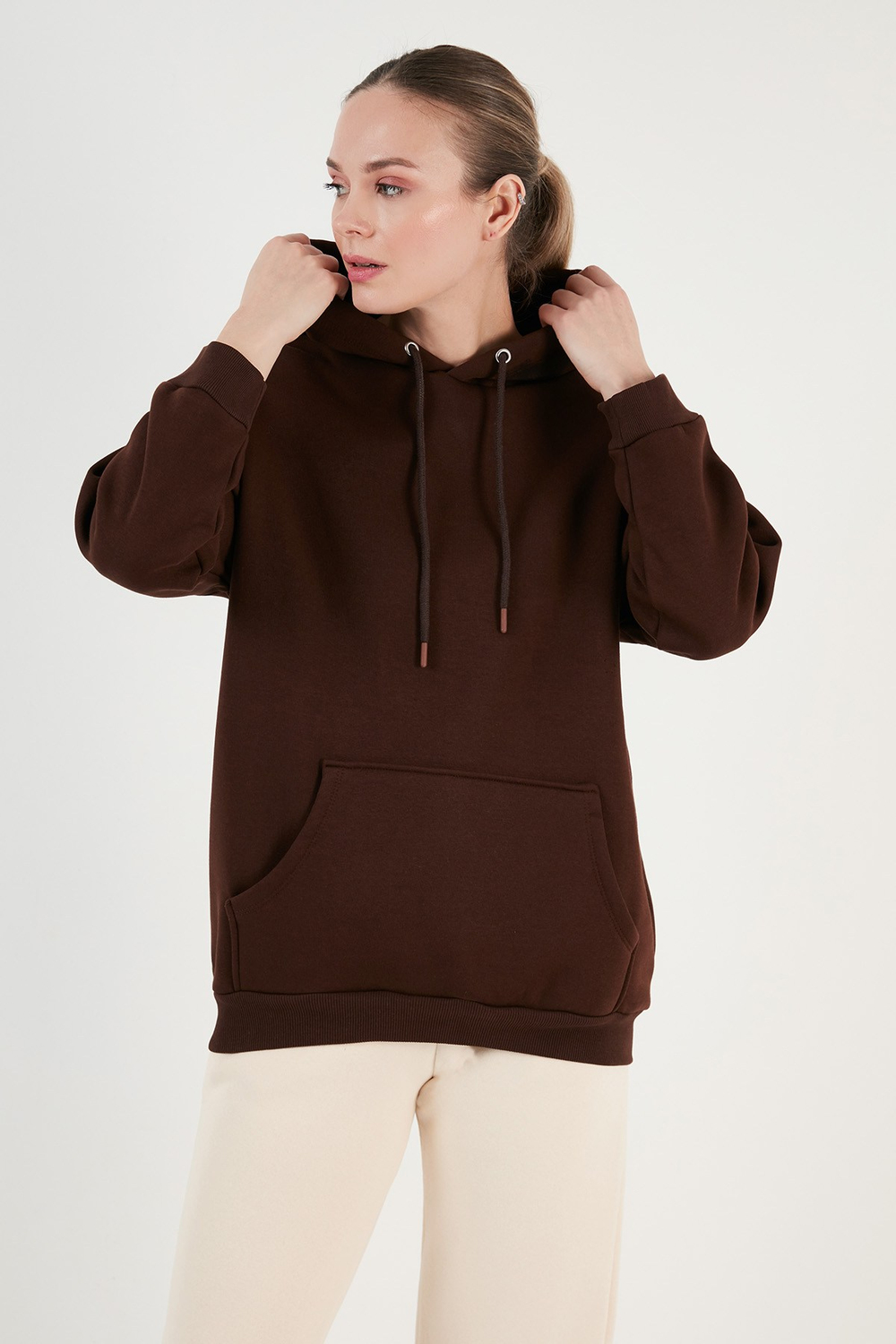 Regular Fit Pamuklu Kapüşonlu Yaka Şardonlu Kışlık Kadın Sweat 5863854 KAHVE