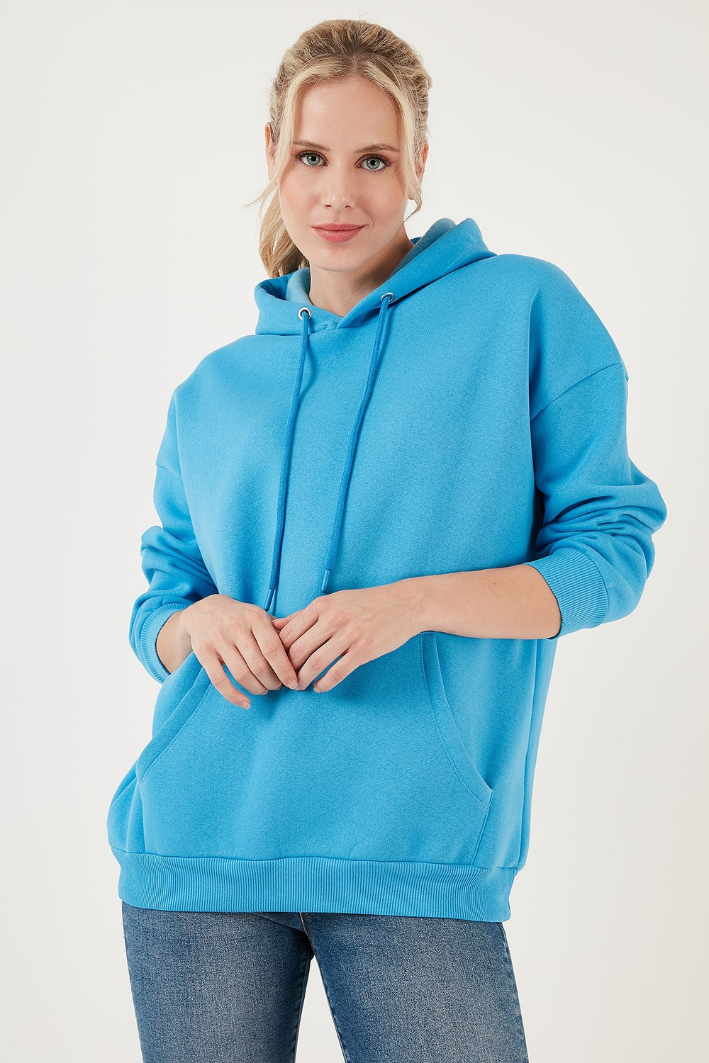 Regular Fit Pamuklu Kapüşonlu Yaka Şardonlu Kışlık Kadın Sweat 5863854 TURKUAZ