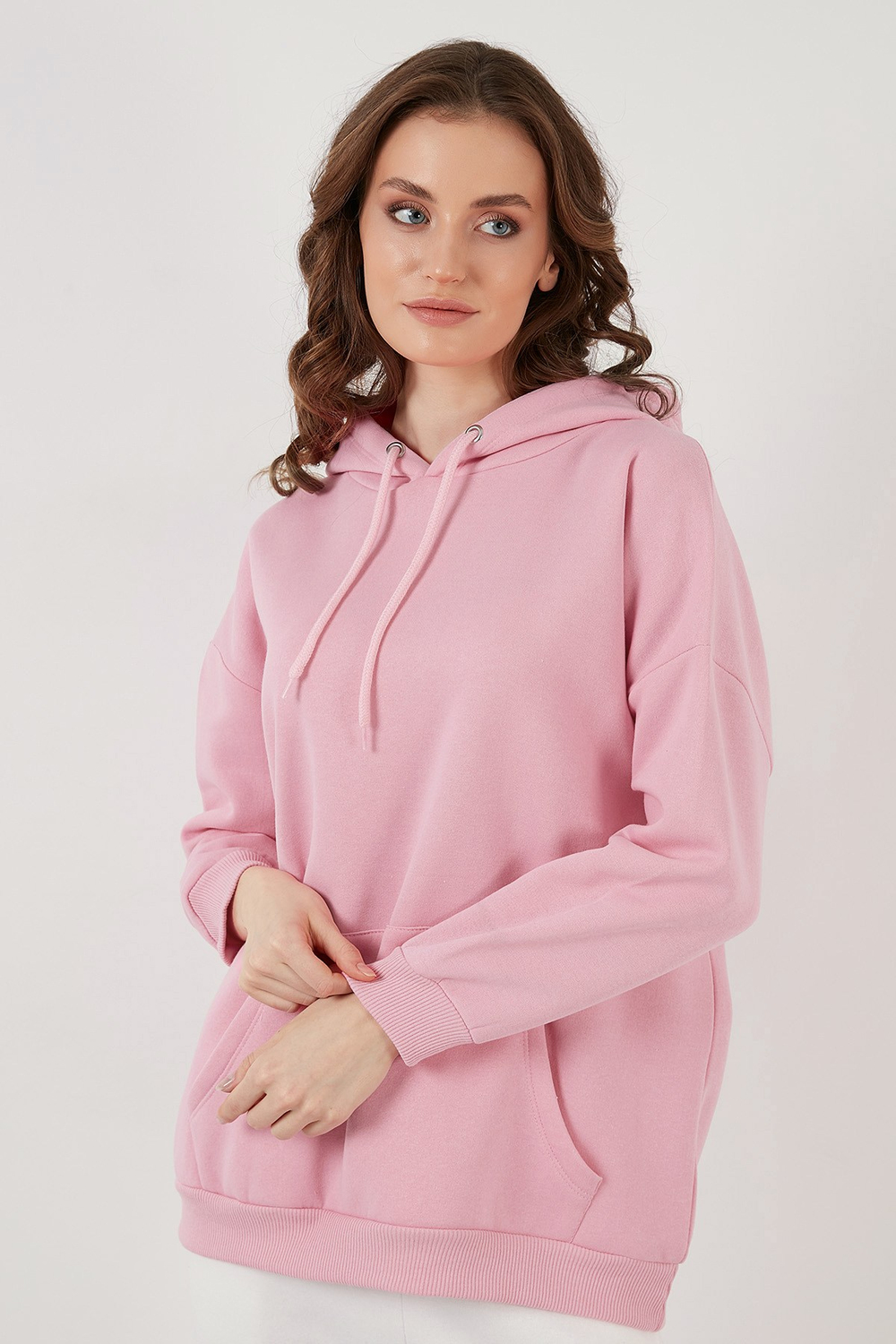 Regular Fit Pamuklu Kapüşonlu Yaka Şardonlu Kışlık Kadın Sweat 5863854 PEMBE