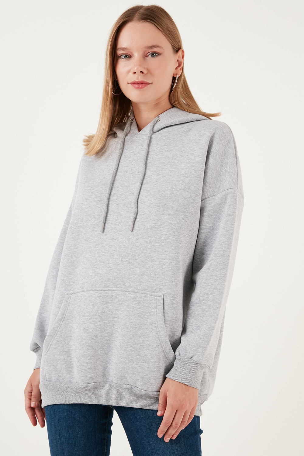 Regular Fit Pamuklu Kapüşonlu Yaka Şardonlu Kışlık Kadın Sweat 5863854 GRİ MELANJ