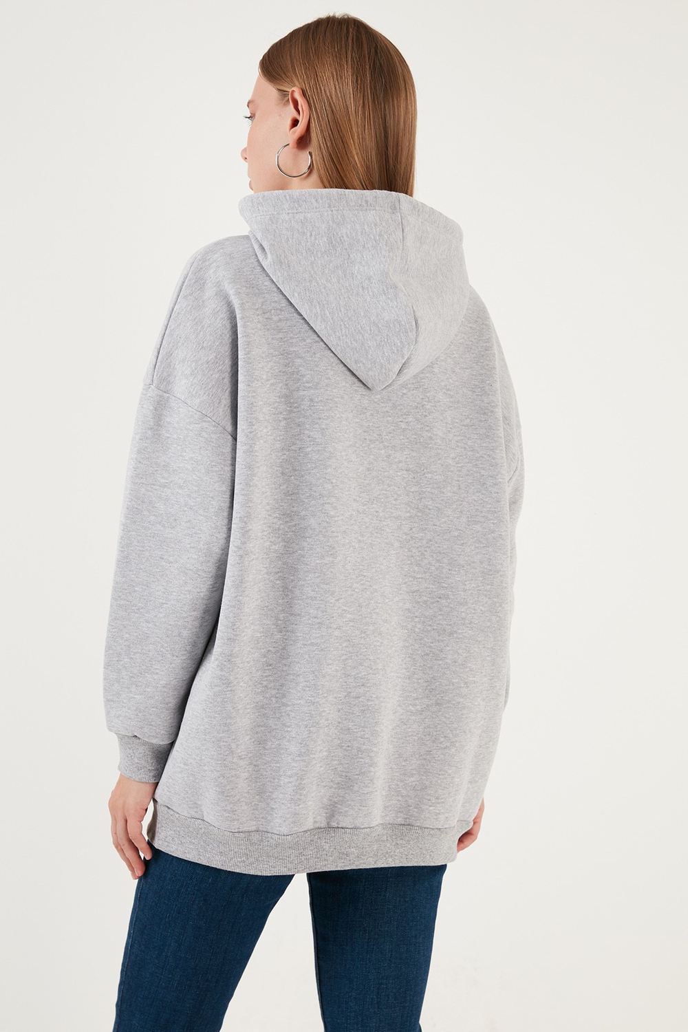 Regular Fit Pamuklu Kapüşonlu Yaka Şardonlu Kışlık Kadın Sweat 5863854 GRİ MELANJ