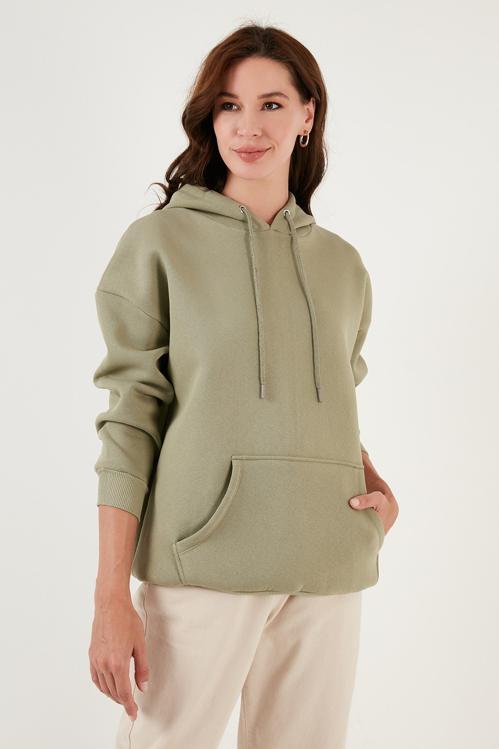 Regular Fit Pamuklu Kapüşonlu Yaka Şardonlu Kışlık Kadın Sweat 5863854 Olive