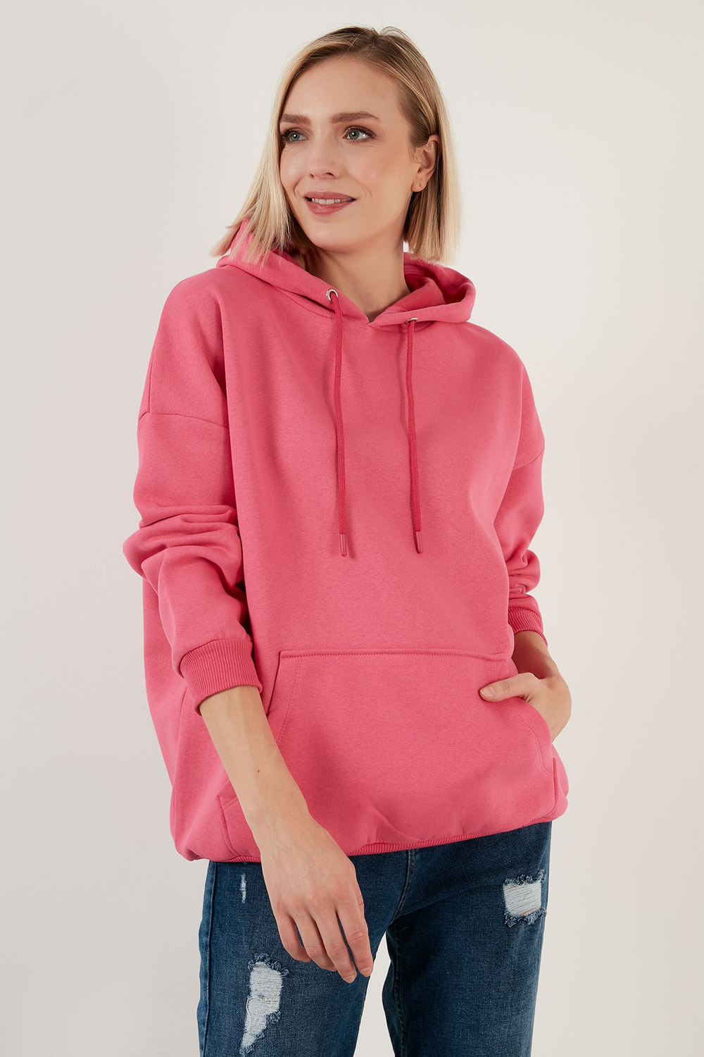 Regular Fit Pamuklu Kapüşonlu Yaka Şardonlu Kışlık Kadın Sweat 5863854 FUŞYA