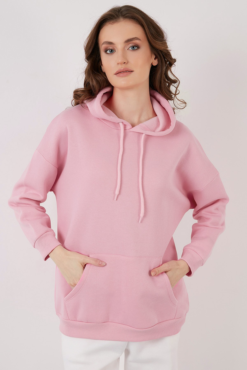 Regular Fit Pamuklu Kapüşonlu Yaka Şardonlu Kışlık Kadın Sweat 5863854 PEMBE