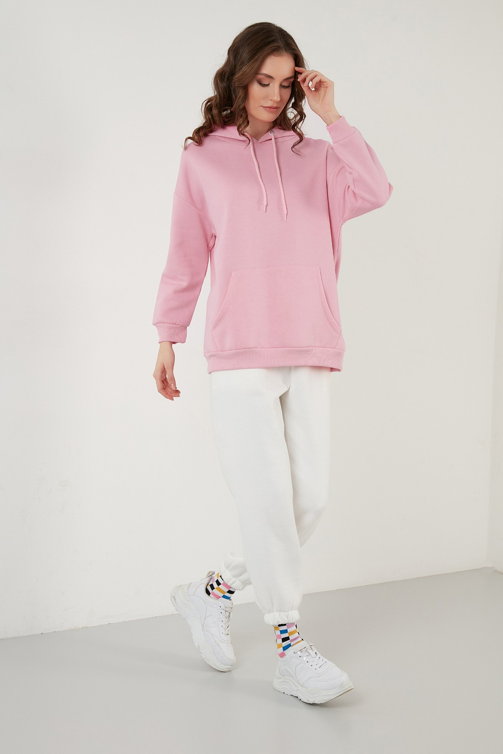 Regular Fit Pamuklu Kapüşonlu Yaka Şardonlu Kışlık Kadın Sweat 5863854 PEMBE