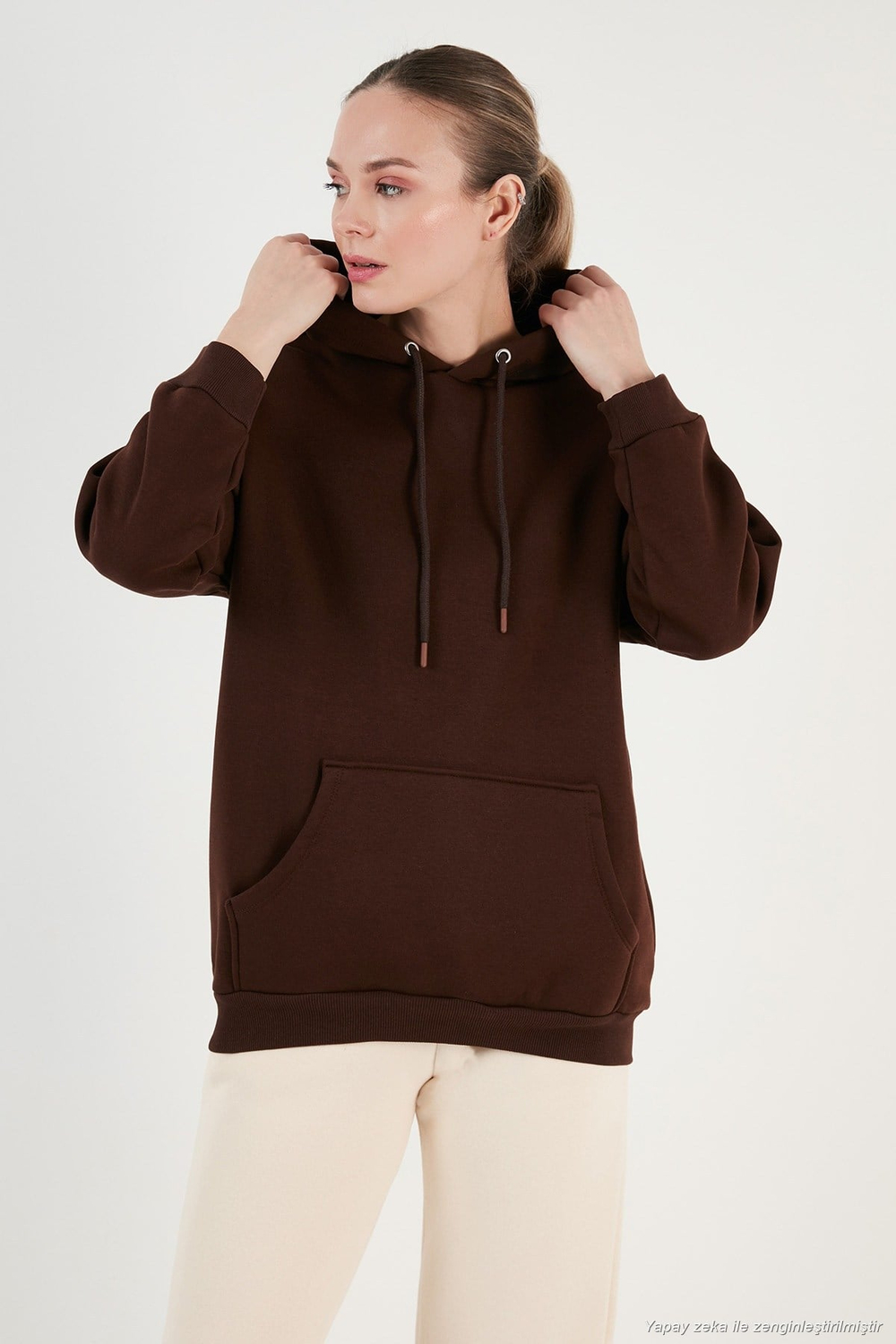 Regular Fit Pamuklu Kapüşonlu Yaka Şardonlu Kışlık 2li Paket Kadın Sweat 5863854S2 KAHVE-SİYAH