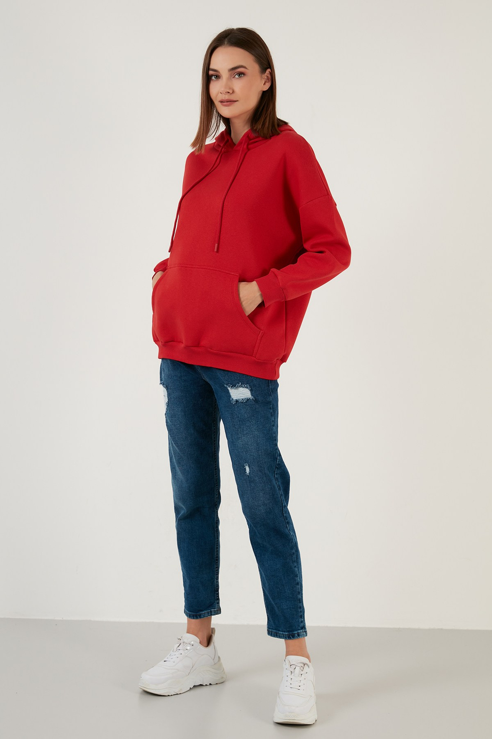Regular Fit Pamuklu Kapüşonlu Yaka Şardonlu Kışlık Kadın Sweat 5863854 KIRMIZI