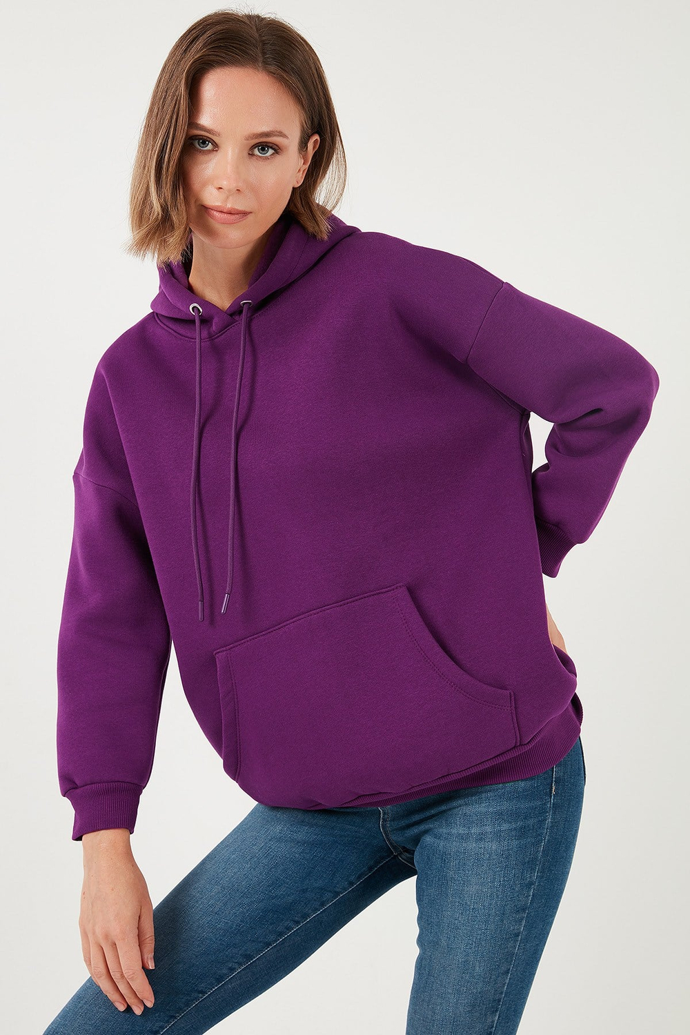 Regular Fit Pamuklu Kapüşonlu Yaka Şardonlu Kışlık Kadın Sweat 5863854 MOR