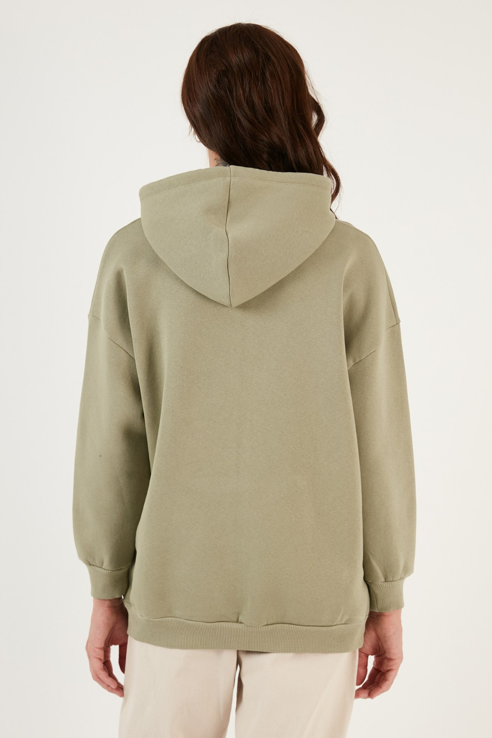 Regular Fit Pamuklu Kapüşonlu Yaka Şardonlu Kışlık Kadın Sweat 5863854 Olive