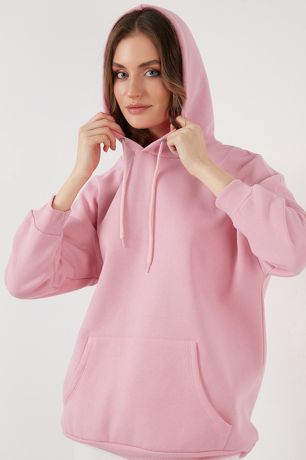 Regular Fit Pamuklu Kapüşonlu Yaka Şardonlu Kışlık Kadın Sweat 5863854 PEMBE