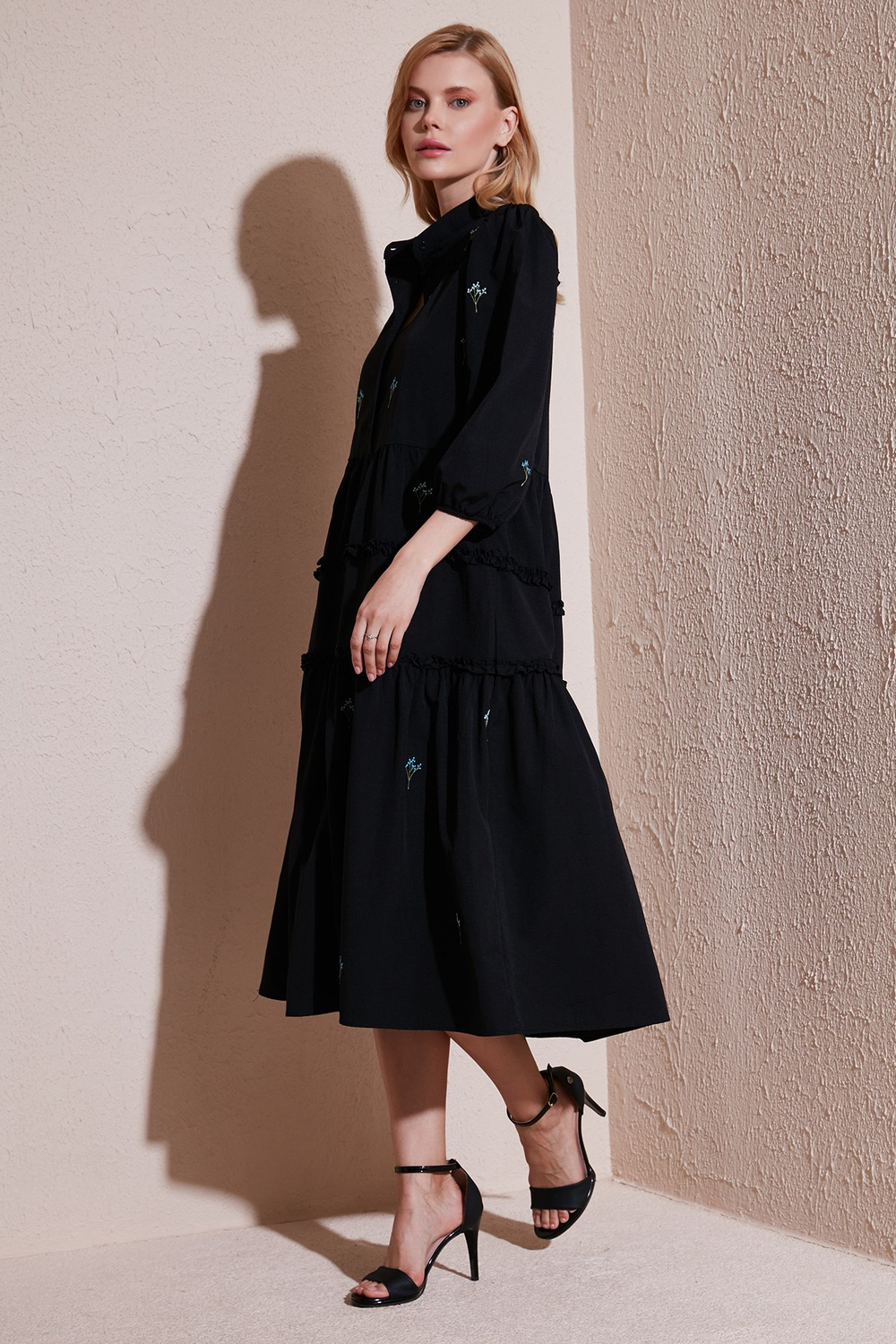 Regular Fit Truvakar Kollu Midi Dokuma Kadın Elbise 611EL0882 SİYAH
