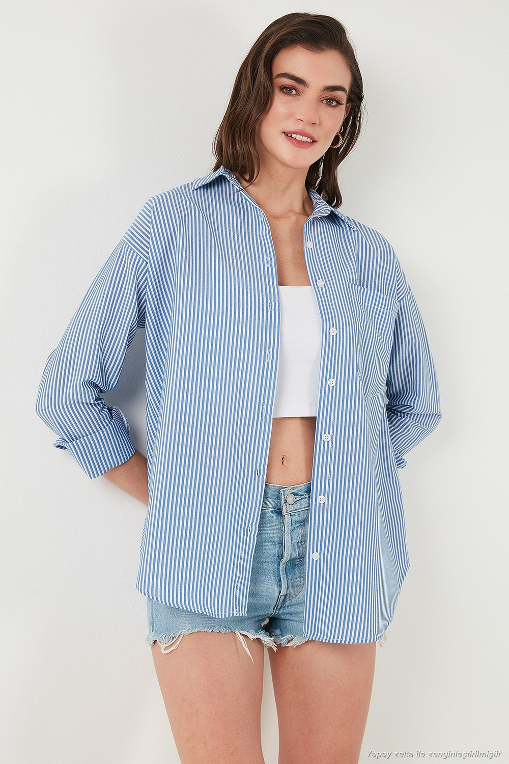 Regular Fit Uzun Kollu Cepli Çizgili Kadın Gömlek 6772895 İNDİGO