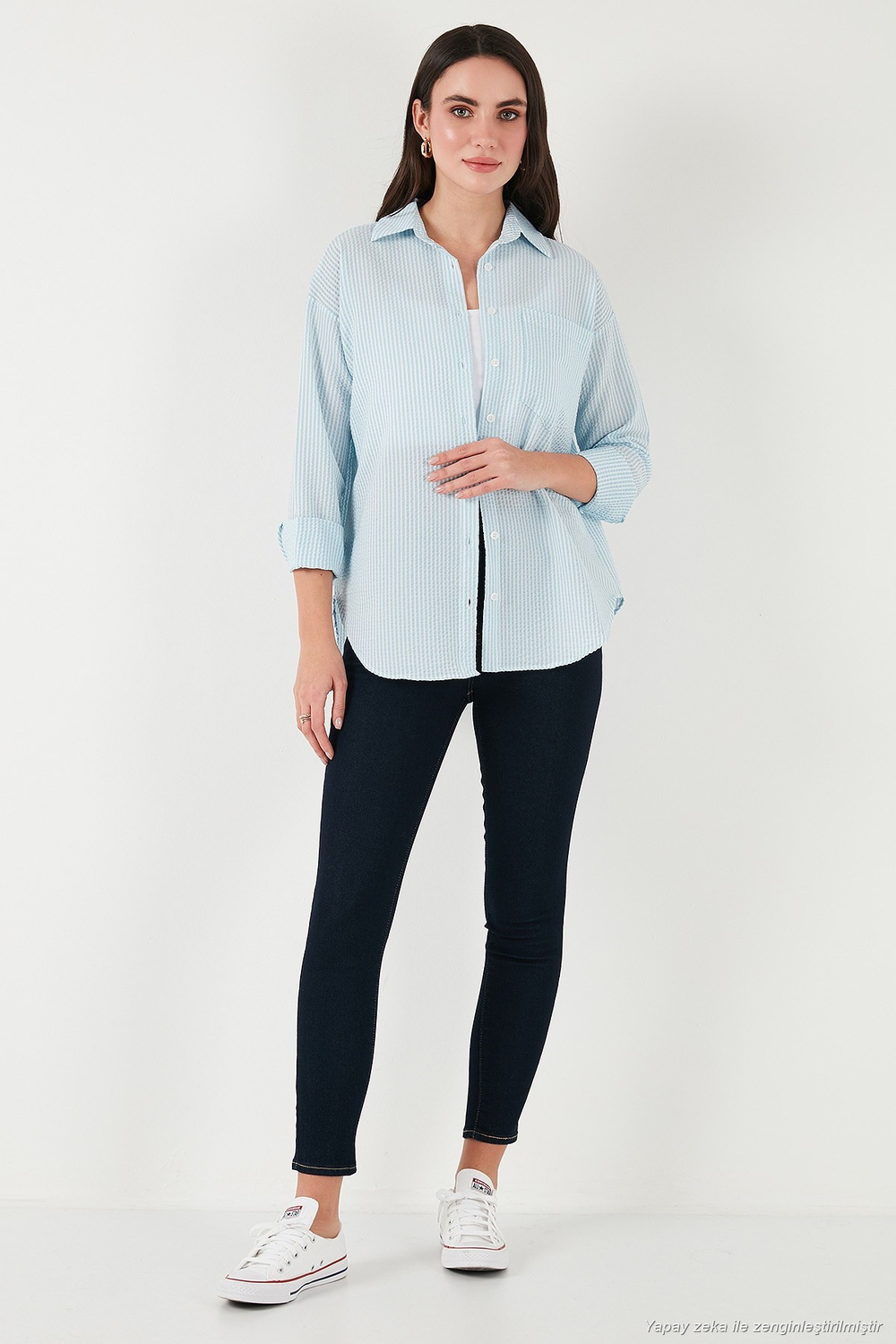 Regular Fit Uzun Kollu Cepli Çizgili Kadın Gömlek 6772895 BEBE MAVİ