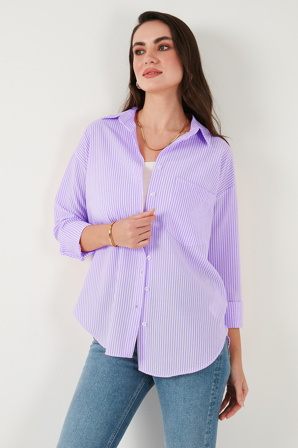 Regular Fit Uzun Kollu Cepli Çizgili Kadın Gömlek 6772895 LİLA