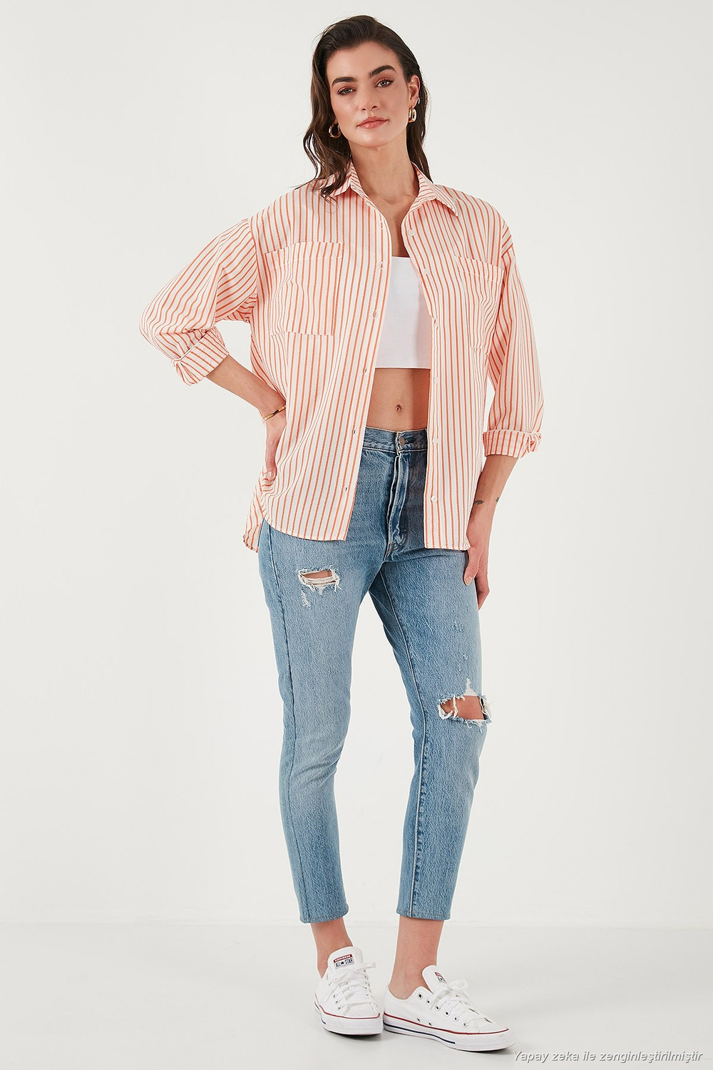 Regular Fit Uzun Kollu Çizgili Kadın Gömlek 6772875 ORANJ