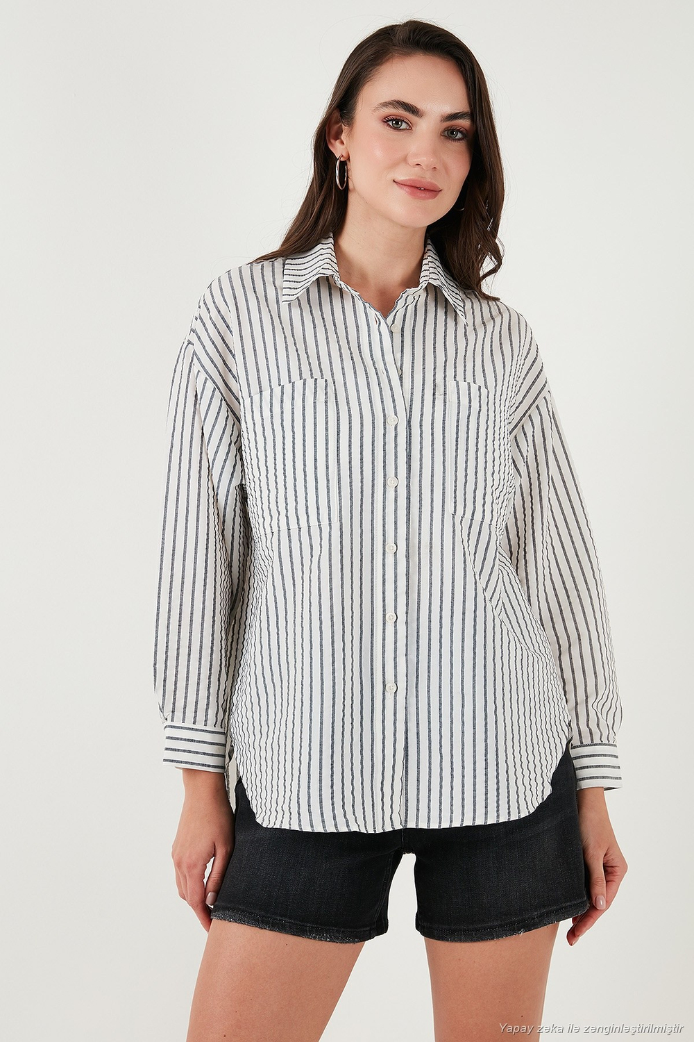 Regular Fit Uzun Kollu Çizgili Kadın Gömlek 6772875 SİYAH