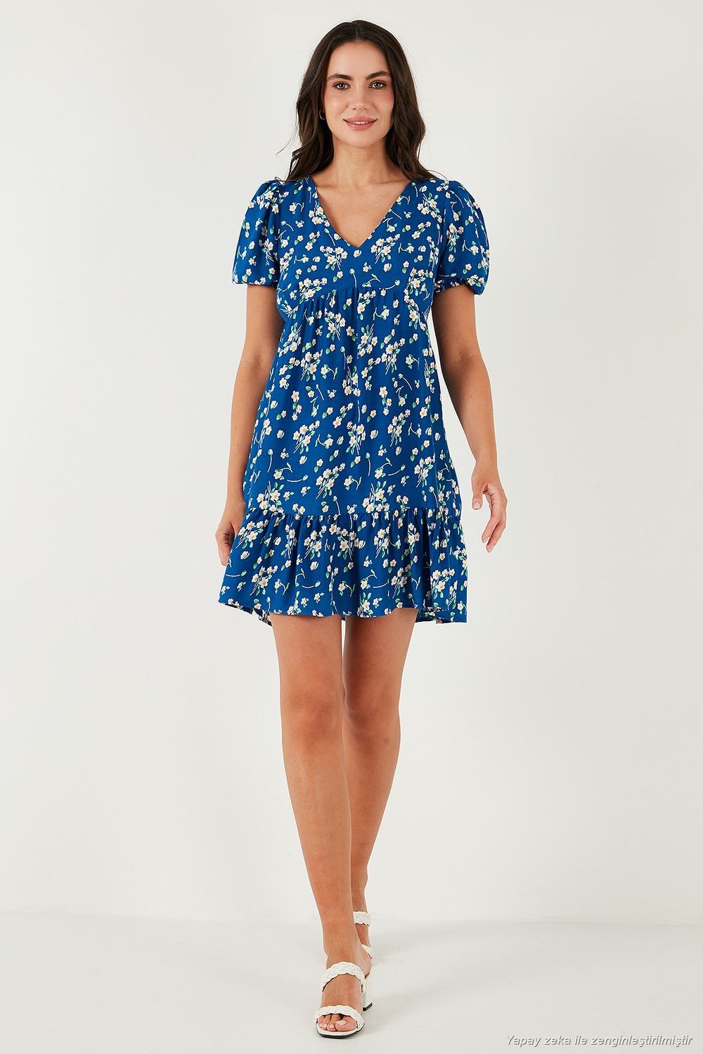 Regular Fit V Yaka Balon Kol Desenli Mini Kadın Elbise 67810045 KOYU MAVİ