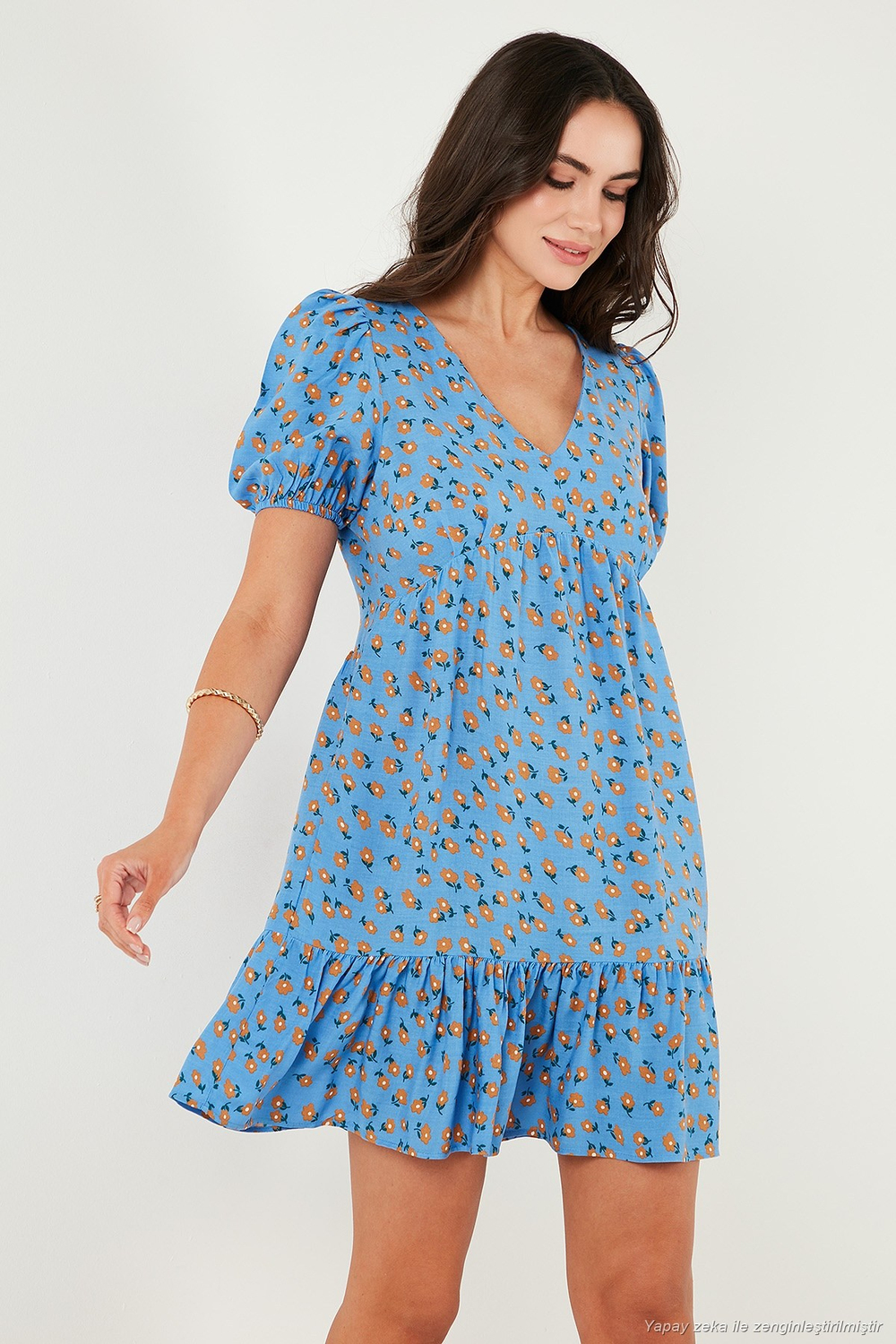 Regular Fit V Yaka Balon Kol Desenli Mini Kadın Elbise 67810045 MAVİ