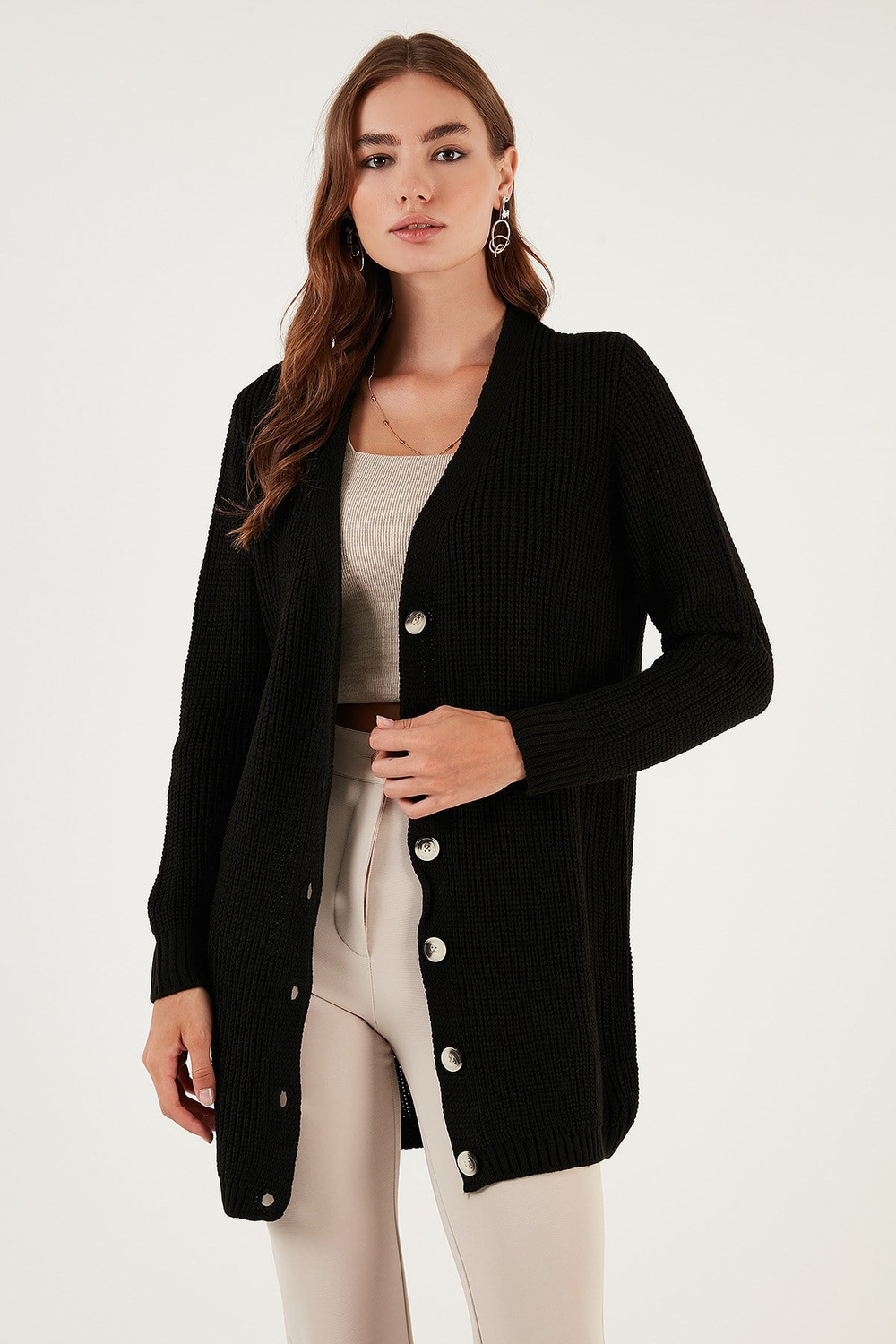 Regular Fit V Yaka Düğmeli Triko Örme Uzun Kadın Hırka 4615044 SİYAH