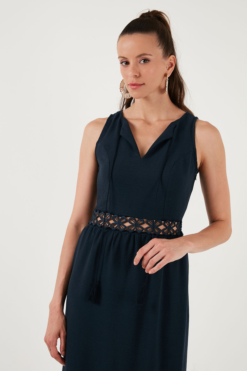 Regular Fit Volanlı Kolsuz Midi Kadın Elbise 611EL574 LACİVERT