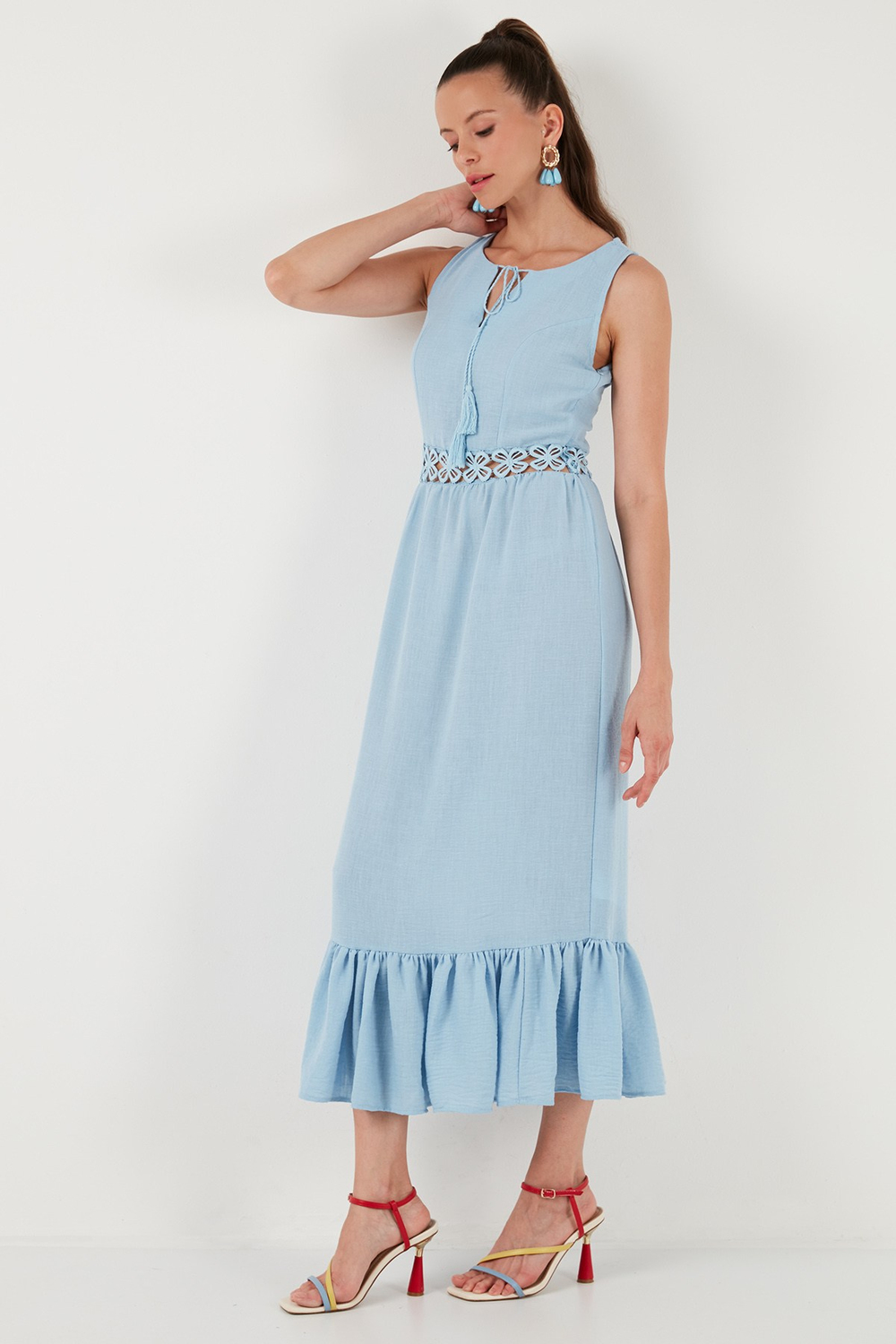 Regular Fit Volanlı Kolsuz Midi Kadın Elbise 611EL574 BEBE MAVİ