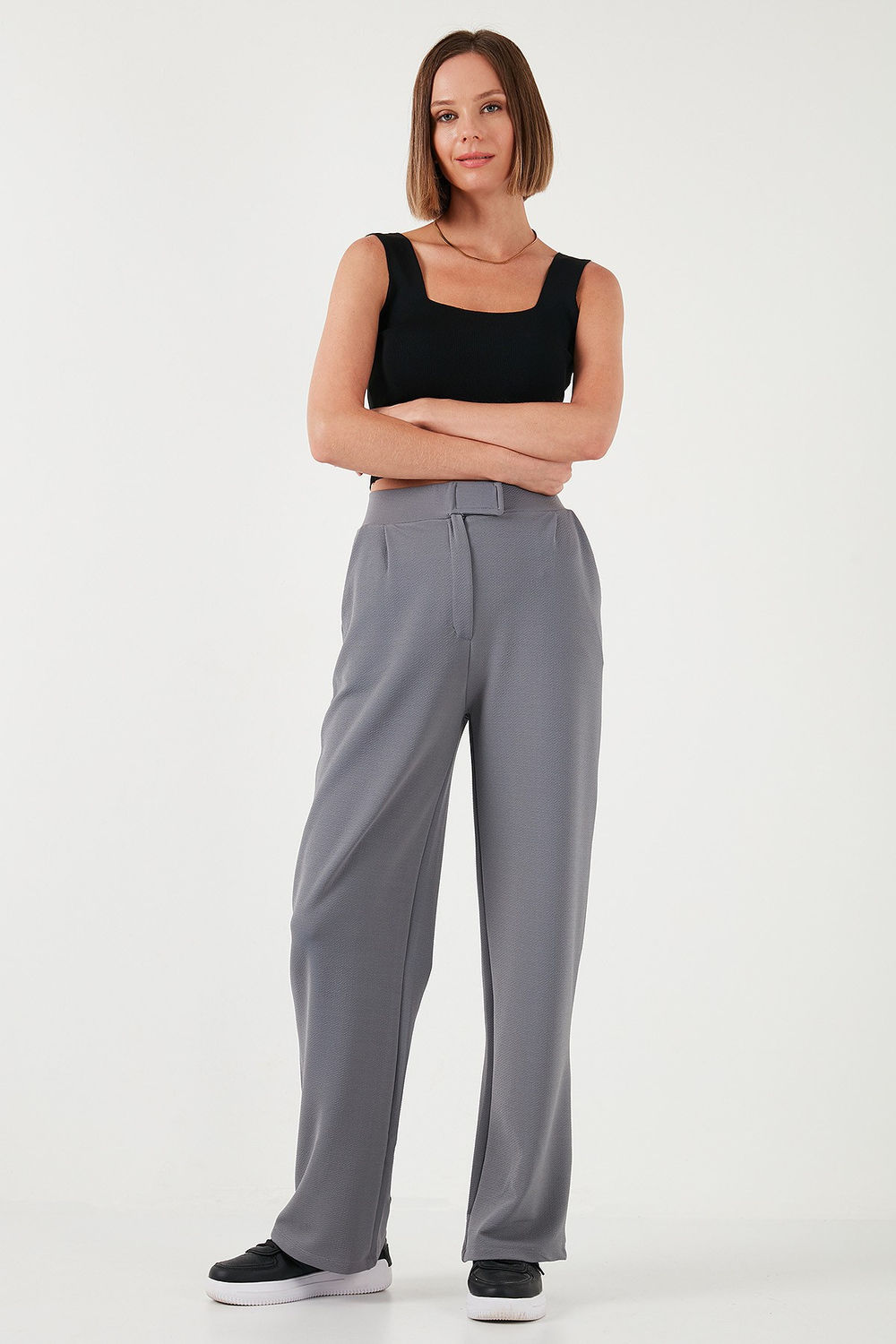 Regular Fit Yüksek Bel Bol Paça Kadın Pantolon 5861279 GRİ