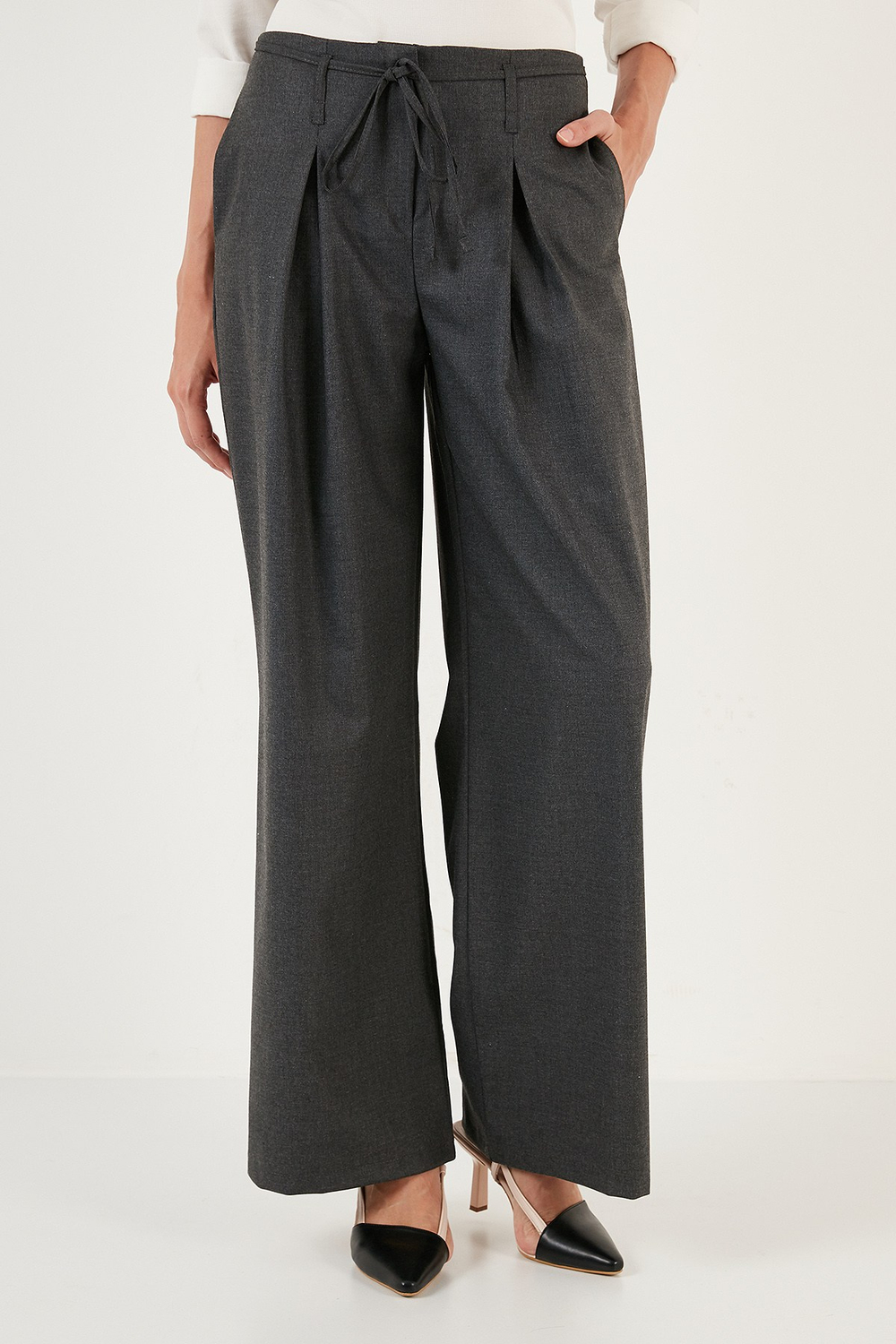 Regular Fit Yüksek Bel Bol Paça Pileli Palazzo Kadın Pantolon 611PL00198 ANTRASİT