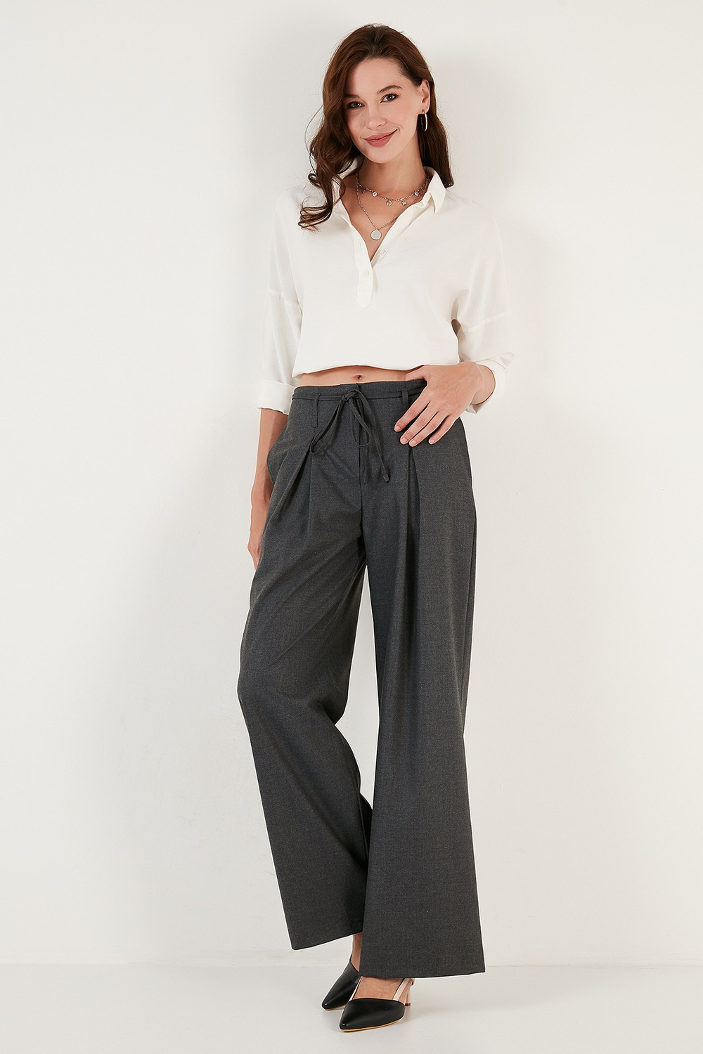 Regular Fit Yüksek Bel Bol Paça Pileli Palazzo Kadın Pantolon 611PL00198 ANTRASİT