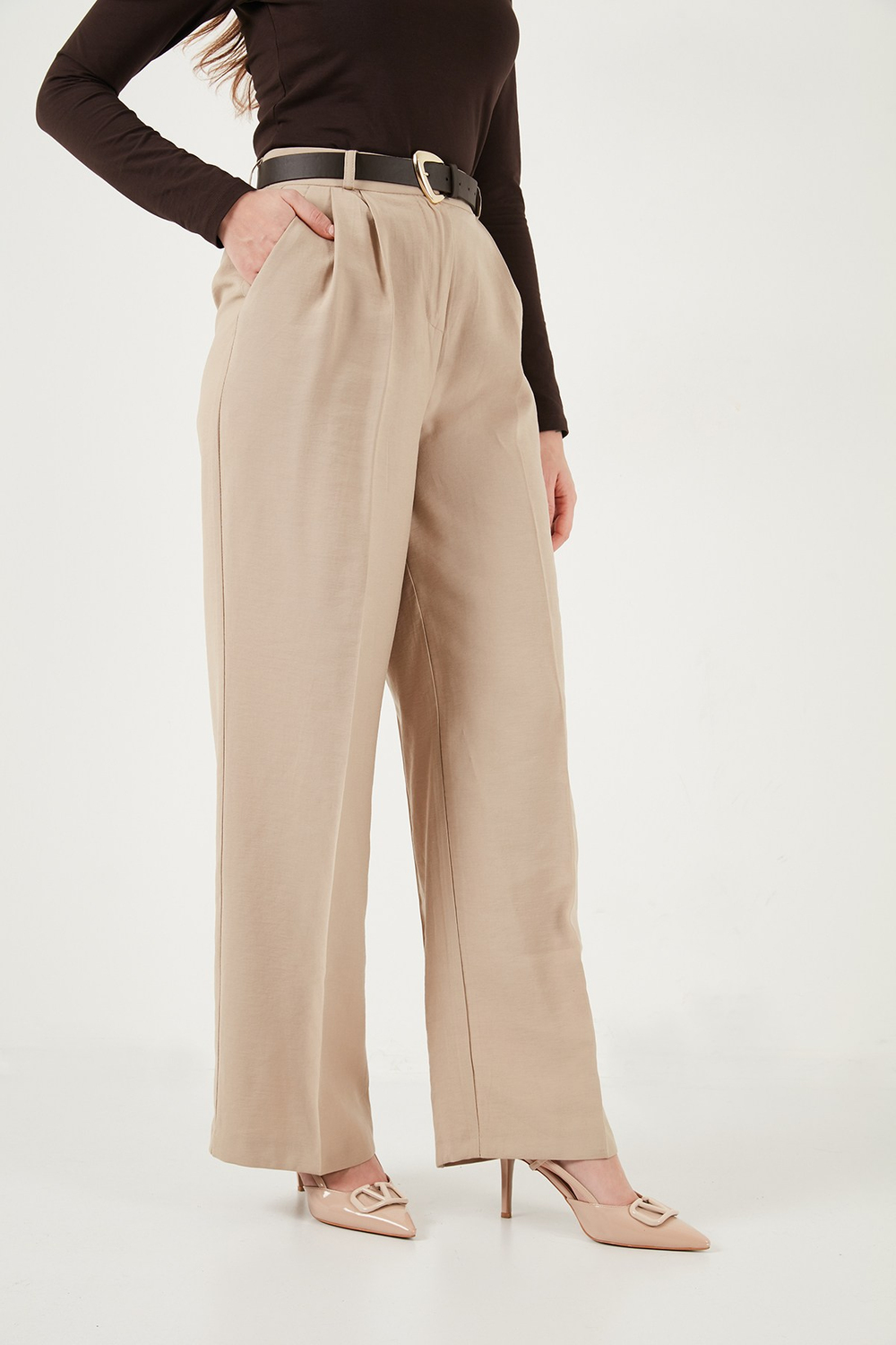Regular Fit Yüksek Bel Düz Paça Kadın Pantolon 6923875 VİZON