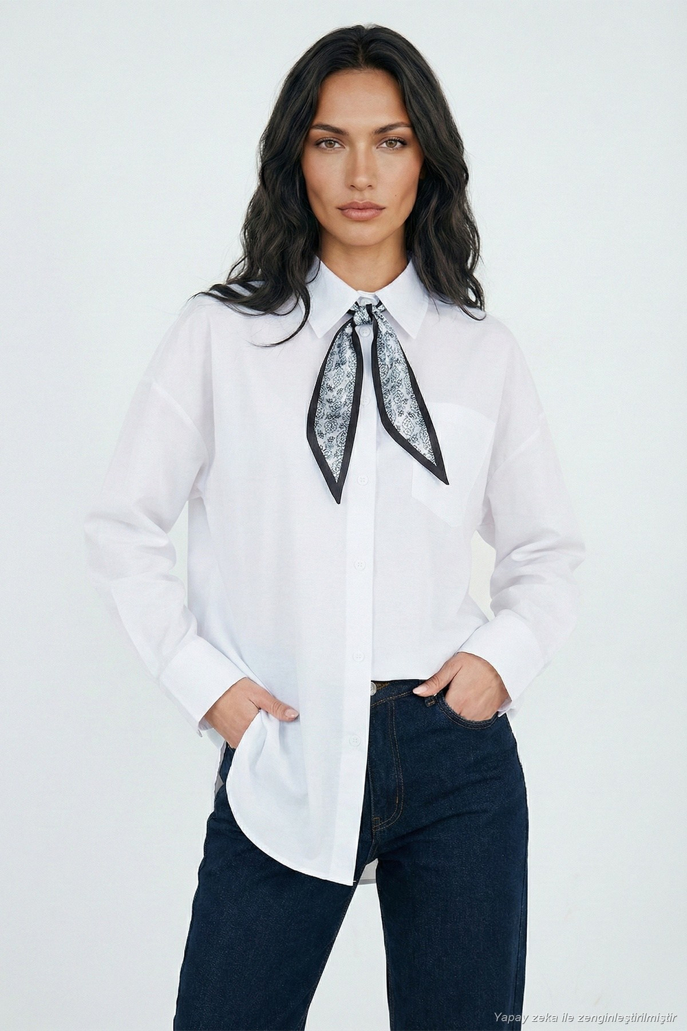 Relaxed Fit Fular Detaylı Klasik Yaka Göğüs Cepli Kadın Gömlek 6925427 BEYAZ