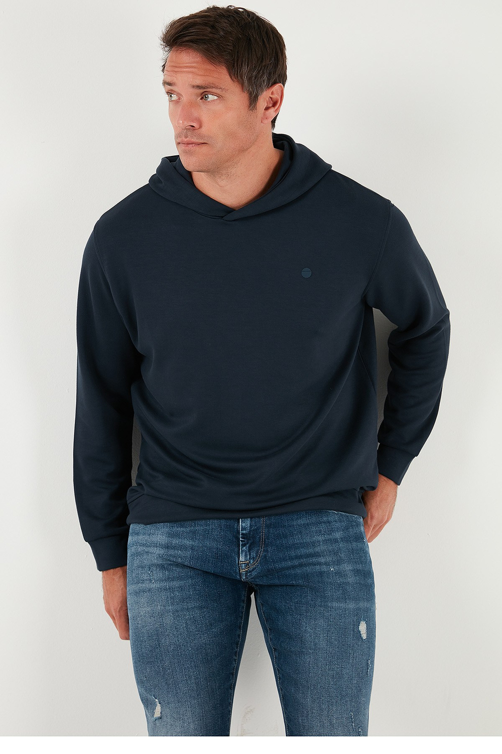 Relaxed Fit Kapüşonlu Yumuşak Dokulu Erkek Sweat 5901063 LACİVERT