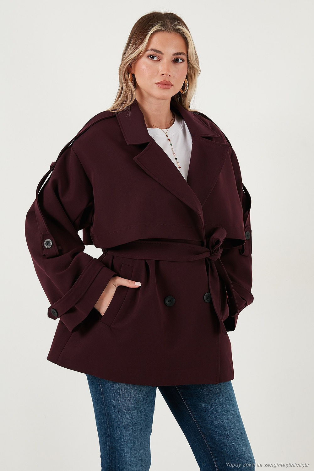 Relaxed Fit Kruvaze Yaka Düğmeli Astarlı Kadın Trençkot 6839580 MÜRDÜM