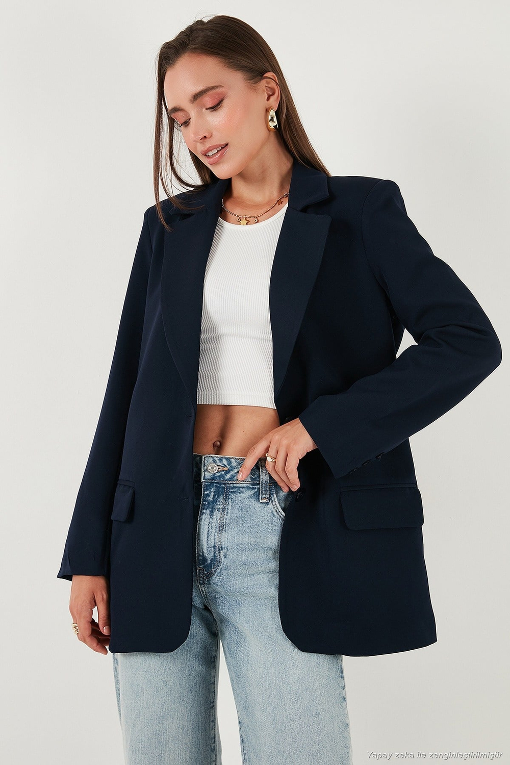 Relaxed Fit Mono Yaka Cepli Blazer Kadın Ceket 611BC00132 LACİVERT