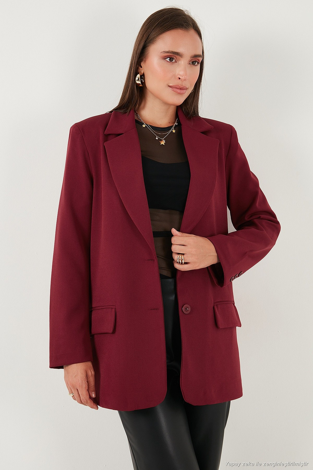 Relaxed Fit Mono Yaka Cepli Blazer Kadın Ceket 611BC00132 BORDO