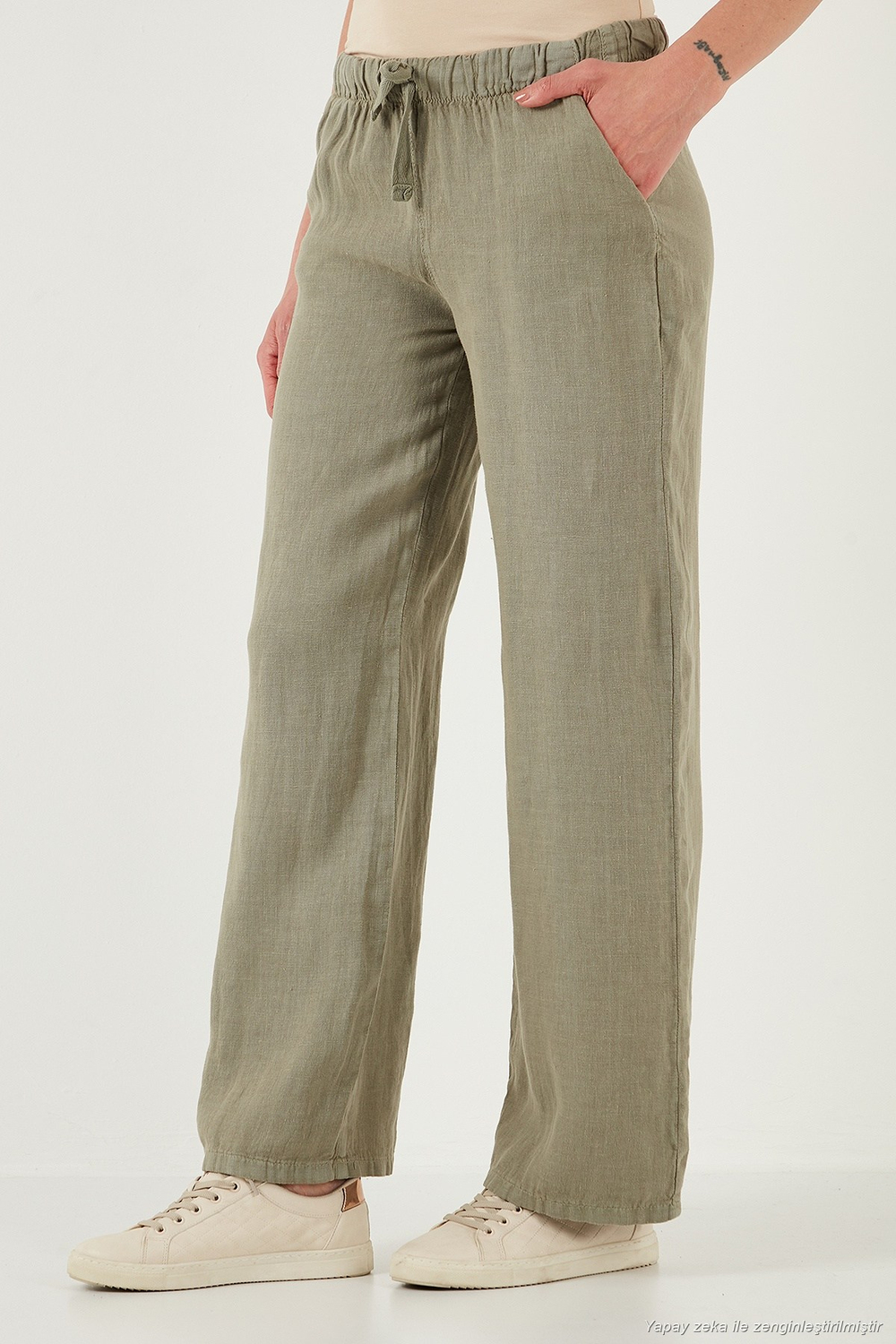 Relaxed Fit Normal Bel Geniş Paça Çİft Cepli Keten Kadın Pantolon 668YP4991 HAKİ