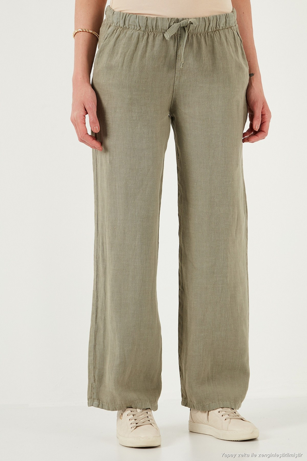 Relaxed Fit Normal Bel Geniş Paça Çİft Cepli Keten Kadın Pantolon 668YP4991 HAKİ